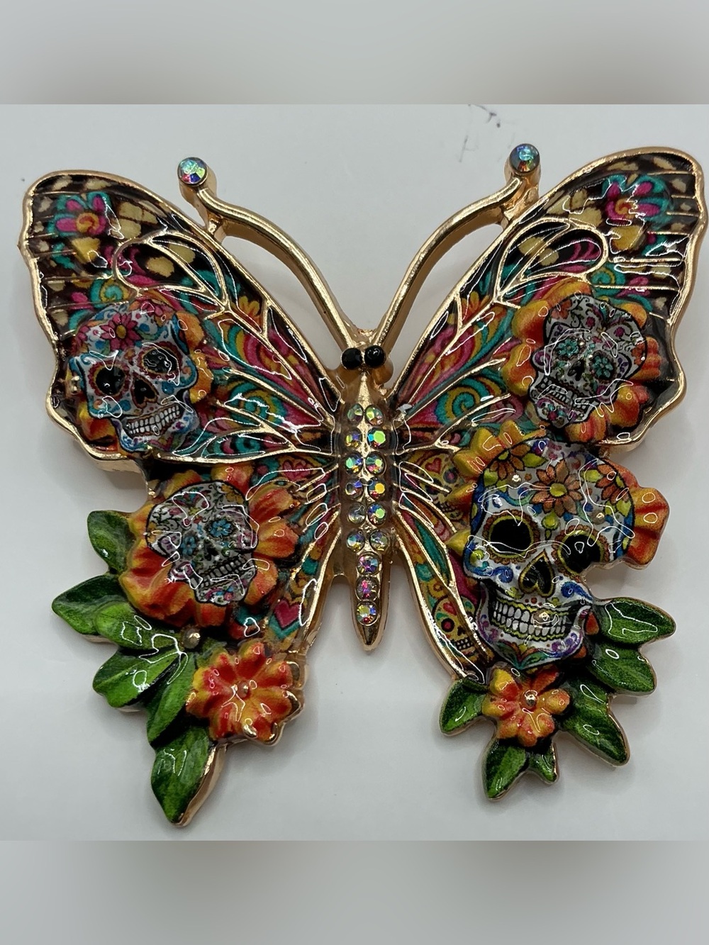 COLORFUL SUGAR SKUL FLORAL DIA DE LOS MUERTOS BUTTERFLY FESTIVE STATEMENT BROOCH